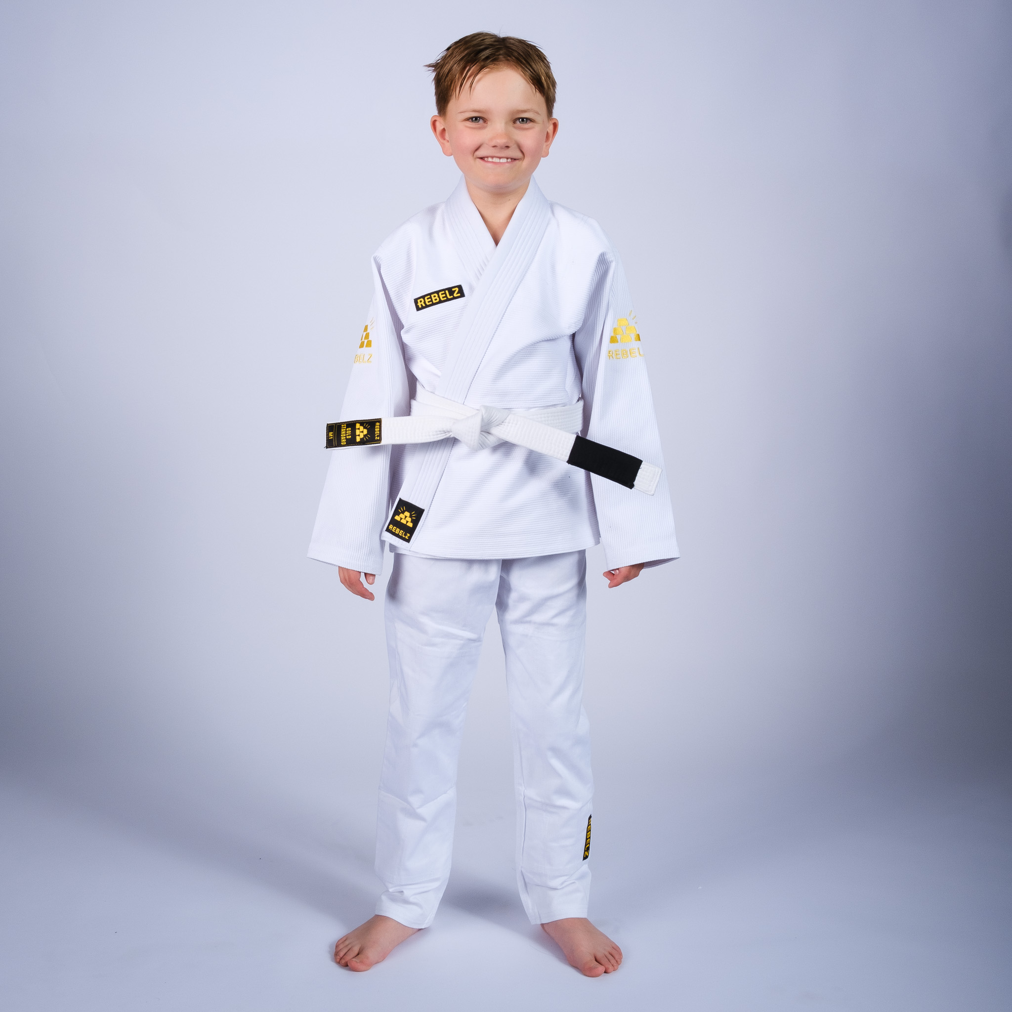 rebelz bjj gi kids gold standard 3 white