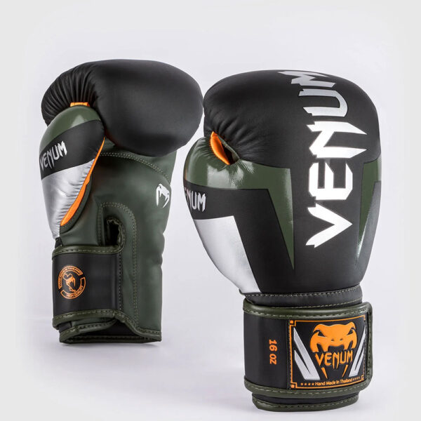 venum boxing gloves elite black khaki silver 1